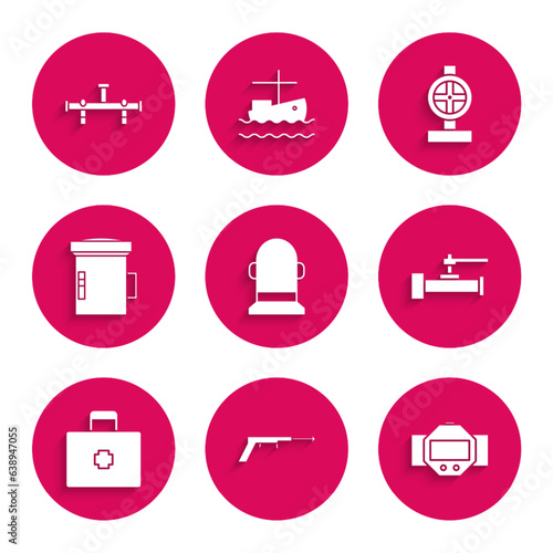 Set Buoy, Fishing harpoon, Diving watch, Industry metallic pipes and valve, First aid kit, Big flashlight for diver, and Manifold icon. Vector