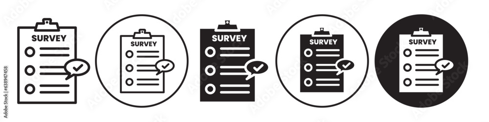 Survey Icon. Vector symbol of public user or customer feedback form to fill and have people opinion on their experience about product. Flat outline set of online paper sheet with list to poll data Survey Icon. Vector symbol of public user or customer feedback form to fill and have people opinion on their experience about product. Flat outline set of online paper sheet with list to poll data