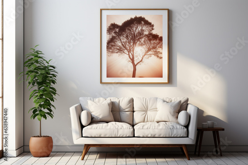 Empty room space background. Mockup of a picture frame mounted on a white wall in a living room, with the armchair adding a touch of comfort and style.