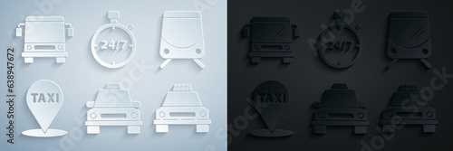 Set Taxi car, Tram and railway, Map pointer with taxi, Stopwatch 24 hours and Bus icon. Vector