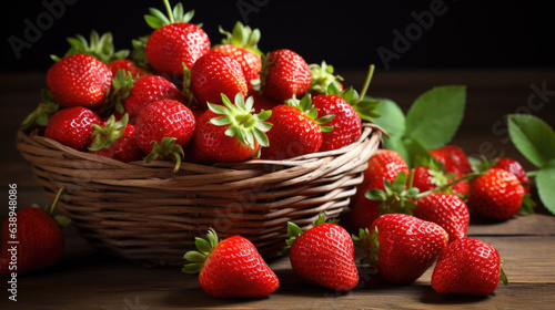red fresh sweet strawberries in a wicker basket.