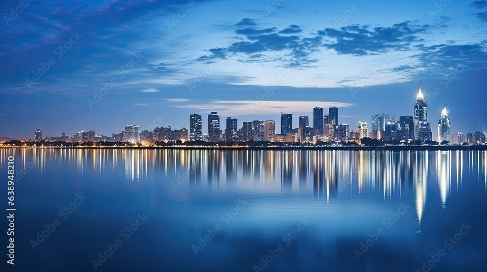 a modern big city at night with many skyscrapers in the foreground is water. like new york in the usa.