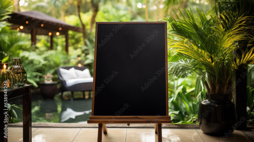 a black board outside in the background are green plants. tex clearance.