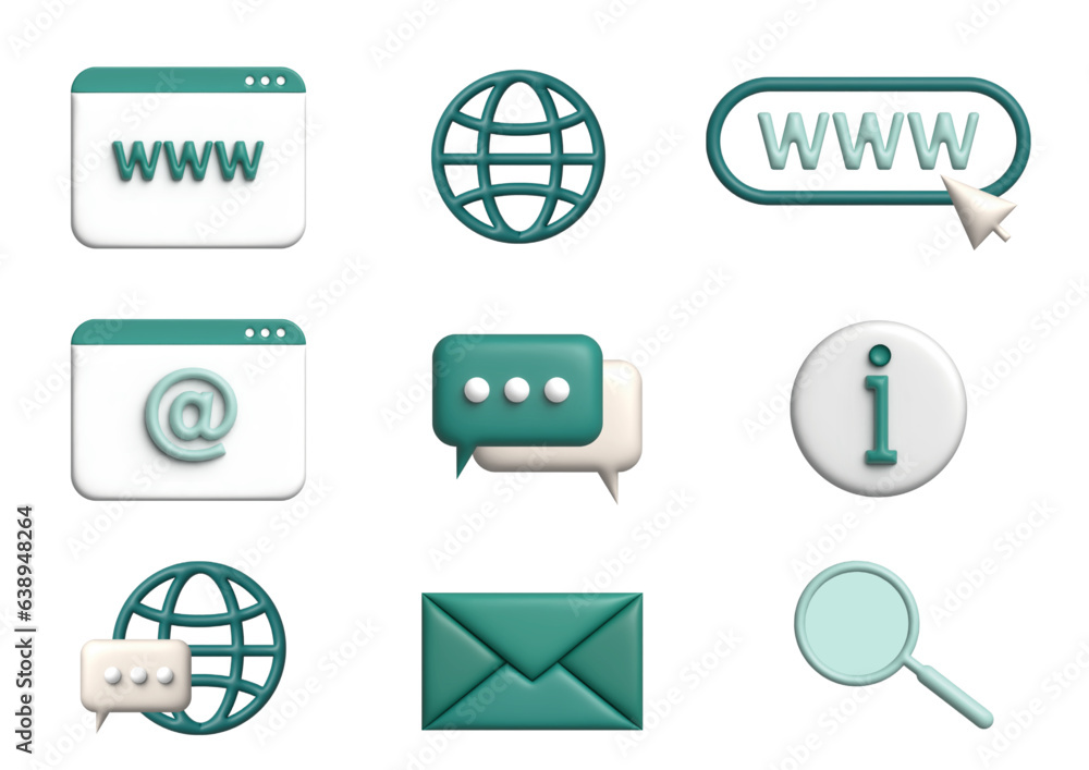 Website web icons in 3d style. Www, search, support, mail, contact, internet, collection. 3d Vector illustration. Website web icons in 3d style. Www, search, support, mail, contact, internet, collection. 3d Vector illustration.