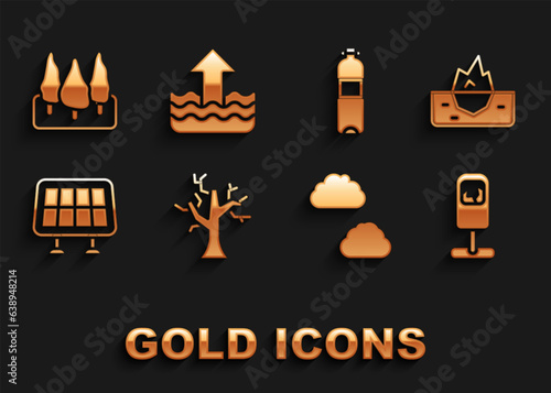 Set Withered tree, Iceberg, Trash can, Cloud, Solar energy panel, Bottle of water, Forest and Rise in level icon. Vector