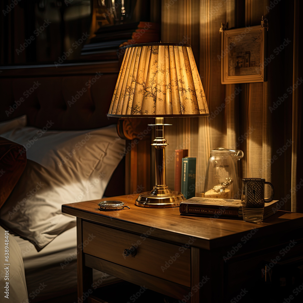a retro table lamp next to a bed on the bedside table. square format. a retro table lamp next to a bed on the bedside table. square format.