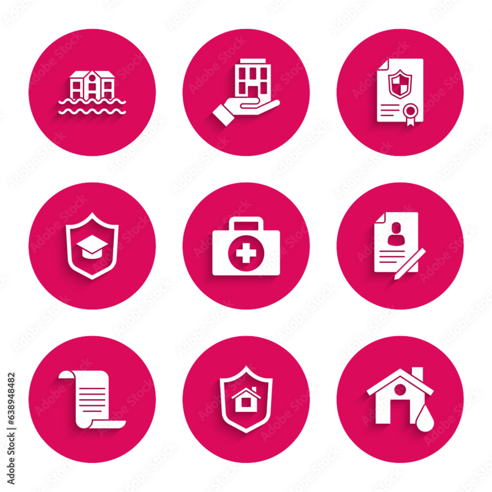 Set First aid kit, House with shield, flood, Document, Graduation cap, Contract and icon. Vector Set First aid kit, House with shield, flood, Document, Graduation cap, Contract and icon. Vector
