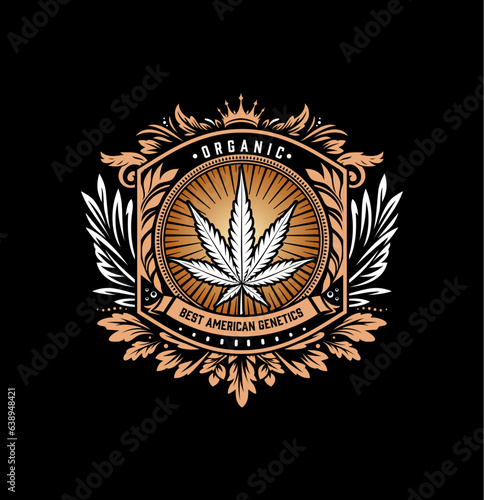 Cannabis marijuana luxury modern brand emblem. Vector label print on black background. Vintage badge inspired