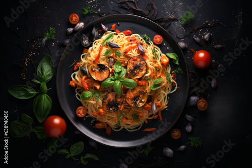 Beautiful tasty dish of pasta or spaghetti with tomatoes beside top view. generative ai 