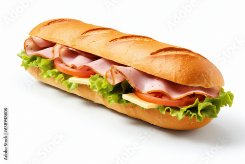 Tasty sandwich with ham, tomatoes and lettuce isolated on a white background. generative ai

