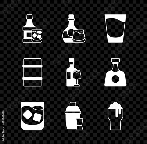 Set Whiskey bottle and glass, Shot, Glass of whiskey, Cocktail shaker, beer, Metal keg and Wine with icon. Vector