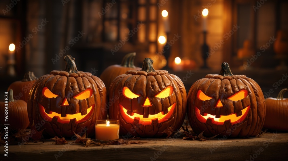 Fototapeta premium Scary pumpkin lantern in the night