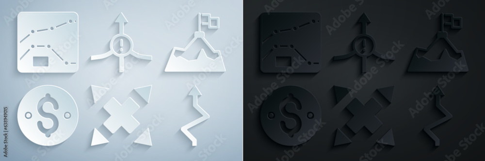 Set Many ways directional arrow, Mountains with flag, Dollar symbol, Arrow, and Graph, chart, diagram icon. Vector Set Many ways directional arrow, Mountains with flag, Dollar symbol, Arrow, and Graph, chart, diagram icon. Vector