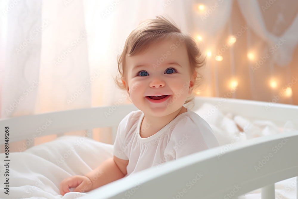 Little smiling baby in his crib. Happy child Little smiling baby in his crib. Happy child