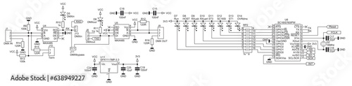 
Technical schematic diagram of electronic device.
Vector drawing electrical circuit with led, resistor, capacitor,
logic gates, integrated circuit
and electronic components.