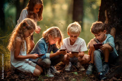 A group of children is enthusiastically playing with a smartphone. Addiction to smartphones in children