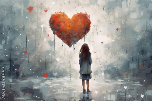 A girl holding a red heart painting