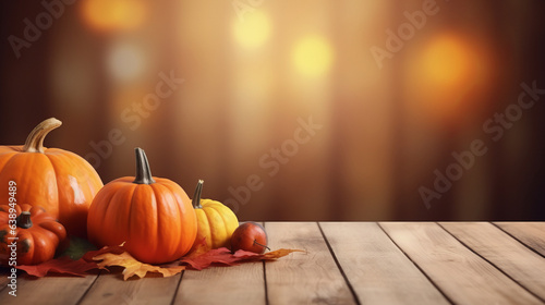 Beautiful autumn or halloween background from a wooden table made of boards and pumpkins standing on them with a place for products or inscriptions. generative ai 