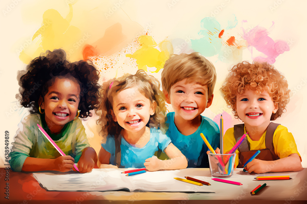 Fototapeta premium A group of children draw. Children's hobby, illustration