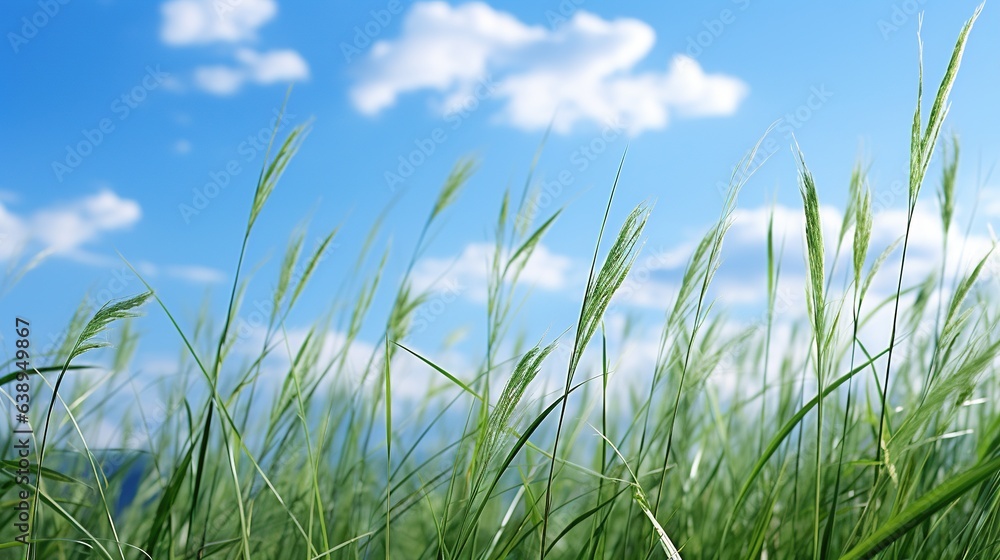 Bright green grass against a sunny blue sky with copy space Bright green grass against a sunny blue sky with copy space