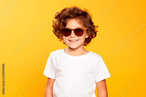 Happy child on a yellow background. Joyful baby