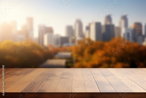a beautiful wooden empty table with a megapolis in the background with a place for products or an inscription. generative ai 