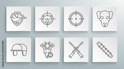 Set line Hunter hat, on bear with crosshairs, deer, Two crossed shotguns, Hunting cartridge belt cartridges, Target sport for shooting competition, dog and Flying duck shield icon. Vector