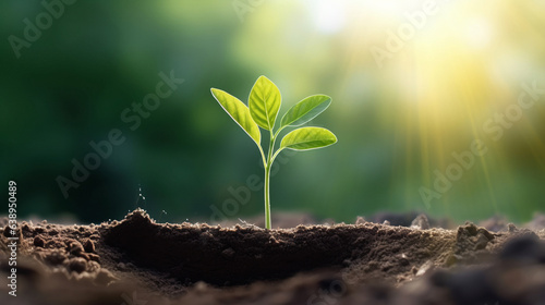 A beautiful green little plant coming out of the earthen soil with a beautiful blurred green background with sunbeams with space for inscriptions or logos. Green planet concept. generative ai