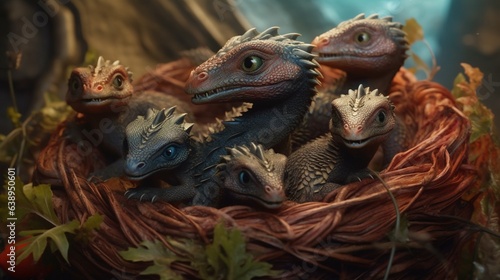 Baby dragons in a nest eating horses.Generative AI