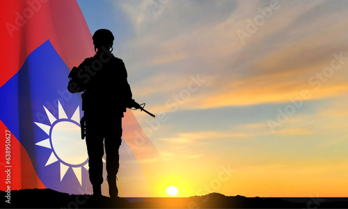 Silhouette of a soldier against the sunset with Taiwan flag. EPS10 vector