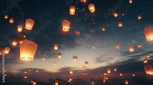 Paper lanterns floating in night sky