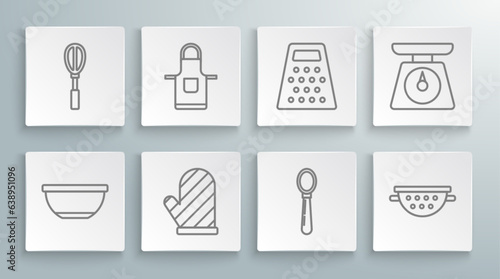 Set line Bowl, Kitchen apron, Oven glove, Spoon, colander, Grater, Scales and whisk icon. Vector