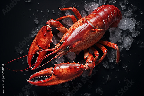 A beautiful red lobster lying on ice and on a black or dark background with space for inscriptions or logos. Seafood background. generative ai