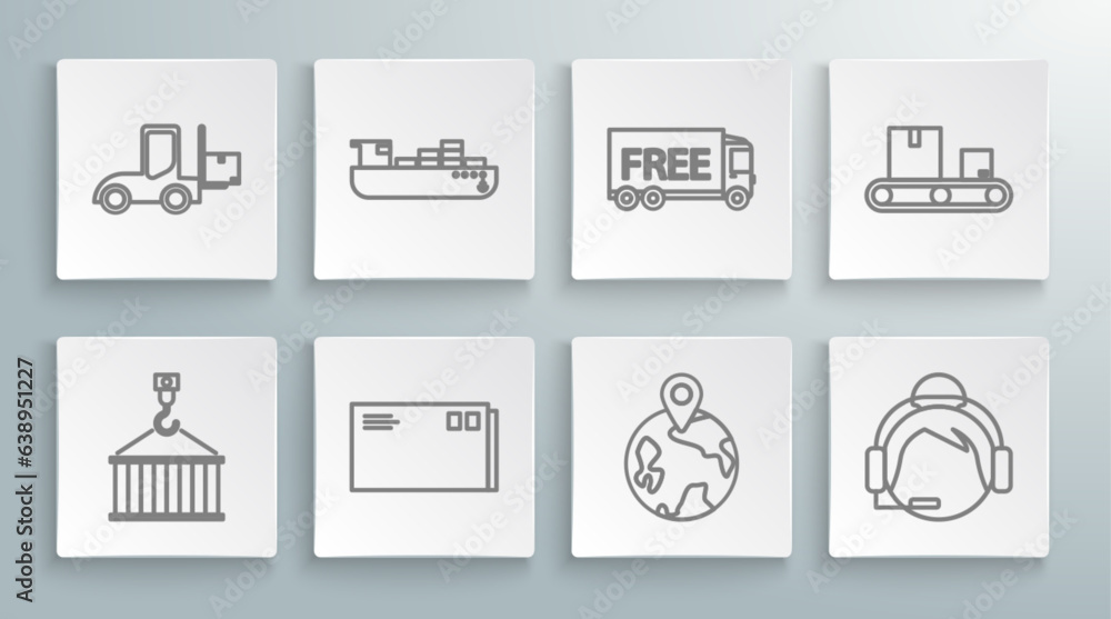 Set line Container on crane, Cargo ship with boxes delivery service, Envelope, Worldwide, Support operator touch, Free, Conveyor belt cardboard and Forklift truck icon. Vector