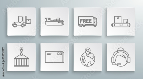 Set line Container on crane, Cargo ship with boxes delivery service, Envelope, Worldwide, Support operator touch, Free, Conveyor belt cardboard and Forklift truck icon. Vector