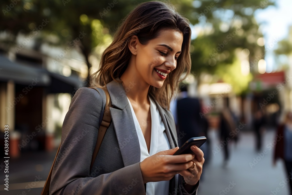 businesswoman smiling while using her cell phone businesswoman smiling while using her cell phone