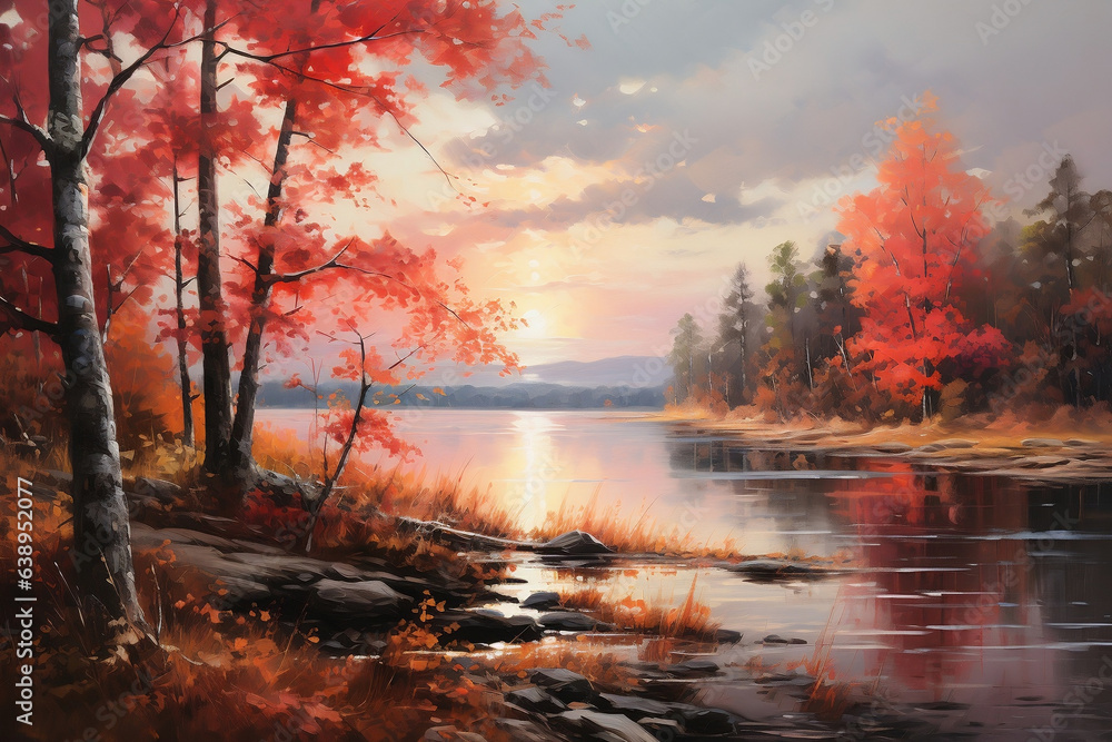 Serene Autumn Reflections, Captivating Lake Landscape in Fall