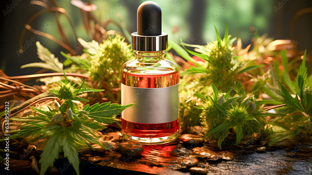 Hemp plants and a bottle of hemp oil (Generative AI)