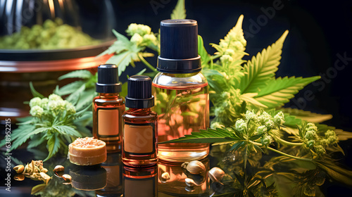 Obraz na płótnie Hemp plants and a bottle of hemp oil (Generative AI) w salonie