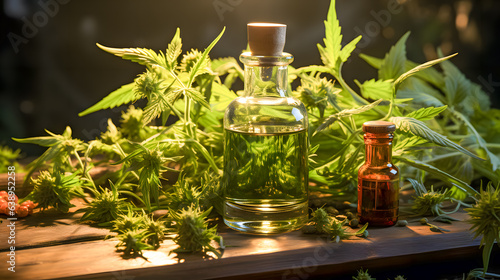 Obraz na płótnie Hemp plants and a bottle of hemp oil (Generative AI) w salonie