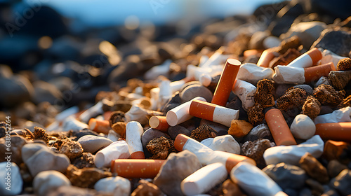 many cigarettes lying on the pile and polluting the environment (Generative AI)