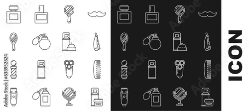 Set line Shaving gel foam, Hairbrush, Straight razor, Hand mirror, Aftershave bottle with atomizer, and icon. Vector