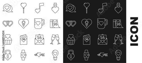 Set line Heart shape in a light bulb, Glass of champagne, Calendar with February 14, Music note, tone hearts, female gender, Two Linked Hearts, speech bubble and Coffee cup and icon. Vector