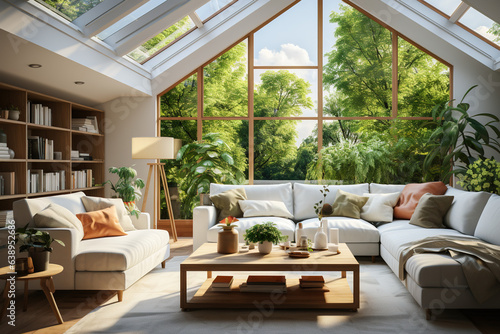 Modern cozy Scandinavian-style living room with a skylight in the ceiling, a garden view, interior scene and mockup, white modern room with sofa. © RBGallery