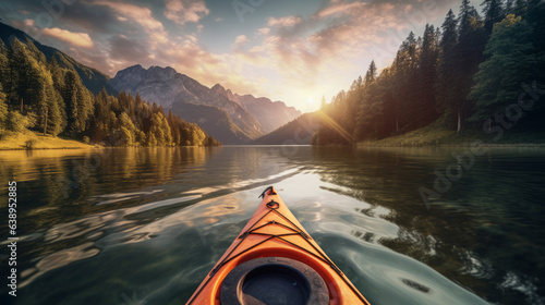 A beautiful view from a kayak on a lake and mountains with a forest in the background. generative ai  © Ivan
