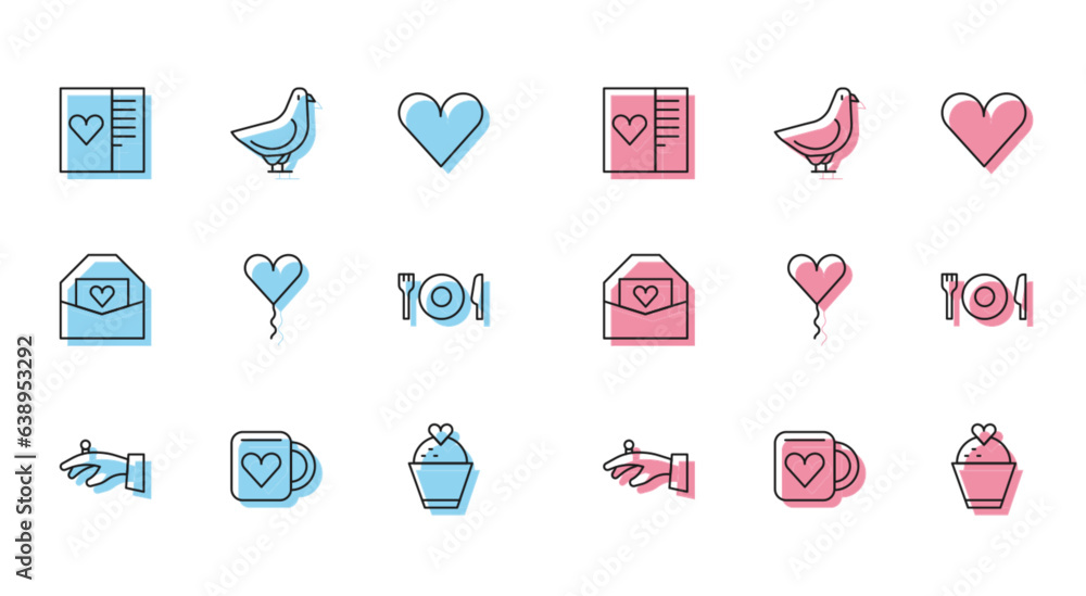 Set line Wedding rings on hand, Coffee cup heart, Postcard with, cake, Balloon form, Plate, fork knife, Envelope Valentine and Dove icon. Vector