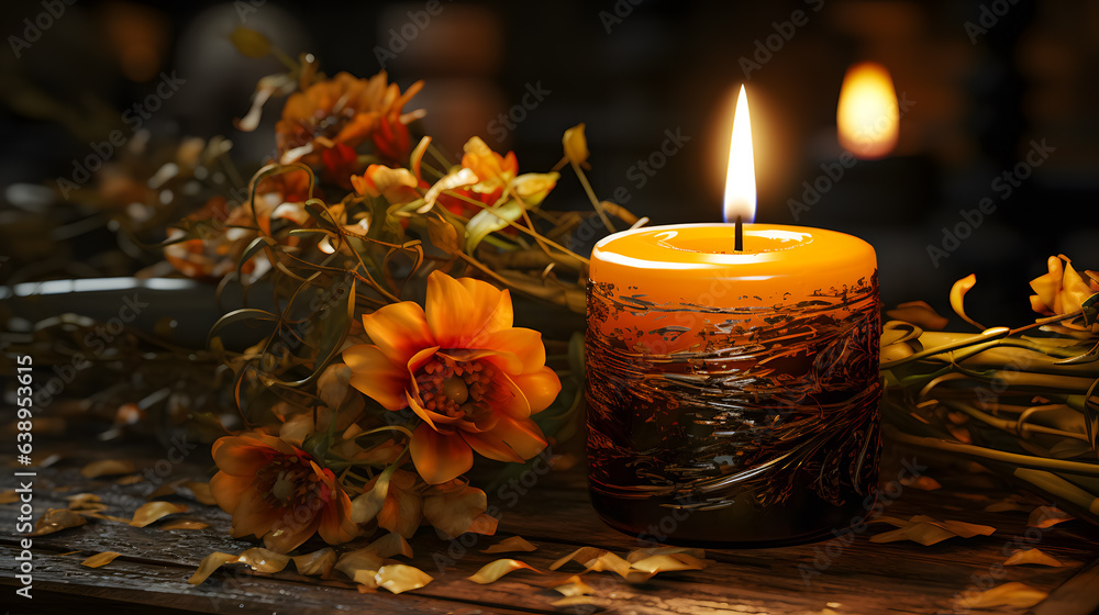 a grave candle with flowers (Generative AI)