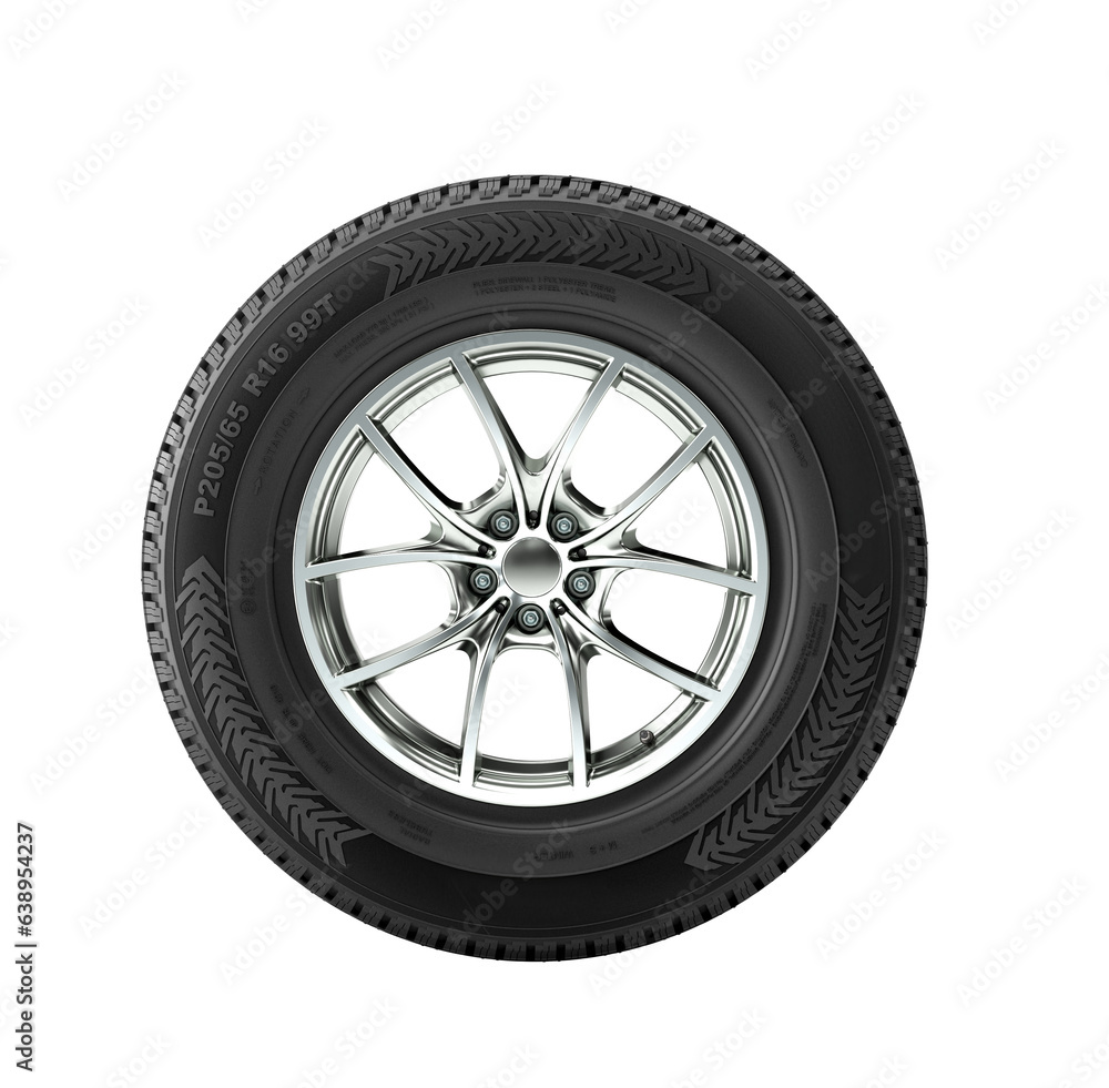 single winter tyre with chrome rim isolated on white. 3d render