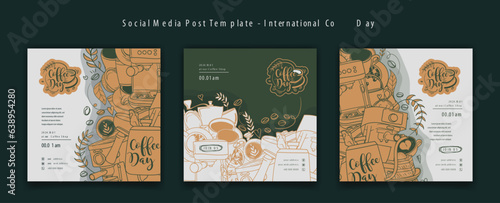 Social media post template with green coffee in doodle art design for international coffee day