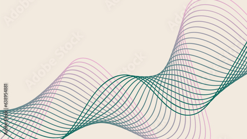 Retro geometric abstract background with connected lines. Vector wave line background in green and pink colors. Curved wavy stripes on beige backdrop with copy space